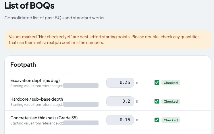 Checked quantities from past jobs, ready to reuse on the next one